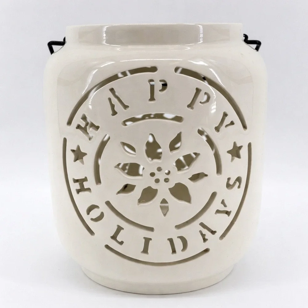 White Ceramic Happy Holidays Lantern Candle Holder with Metal Handle 8 Inch